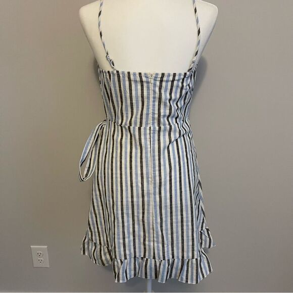 Altar'd State Blue Boho Striped Waist Tie Ruffle Wrap Mini Dress - Picture 3 of 4